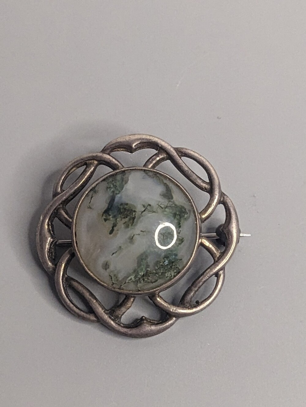 Vintage Scottish Sterling Silver Moss Agate Celtic Knot Pin Brooch Stamped 1960s